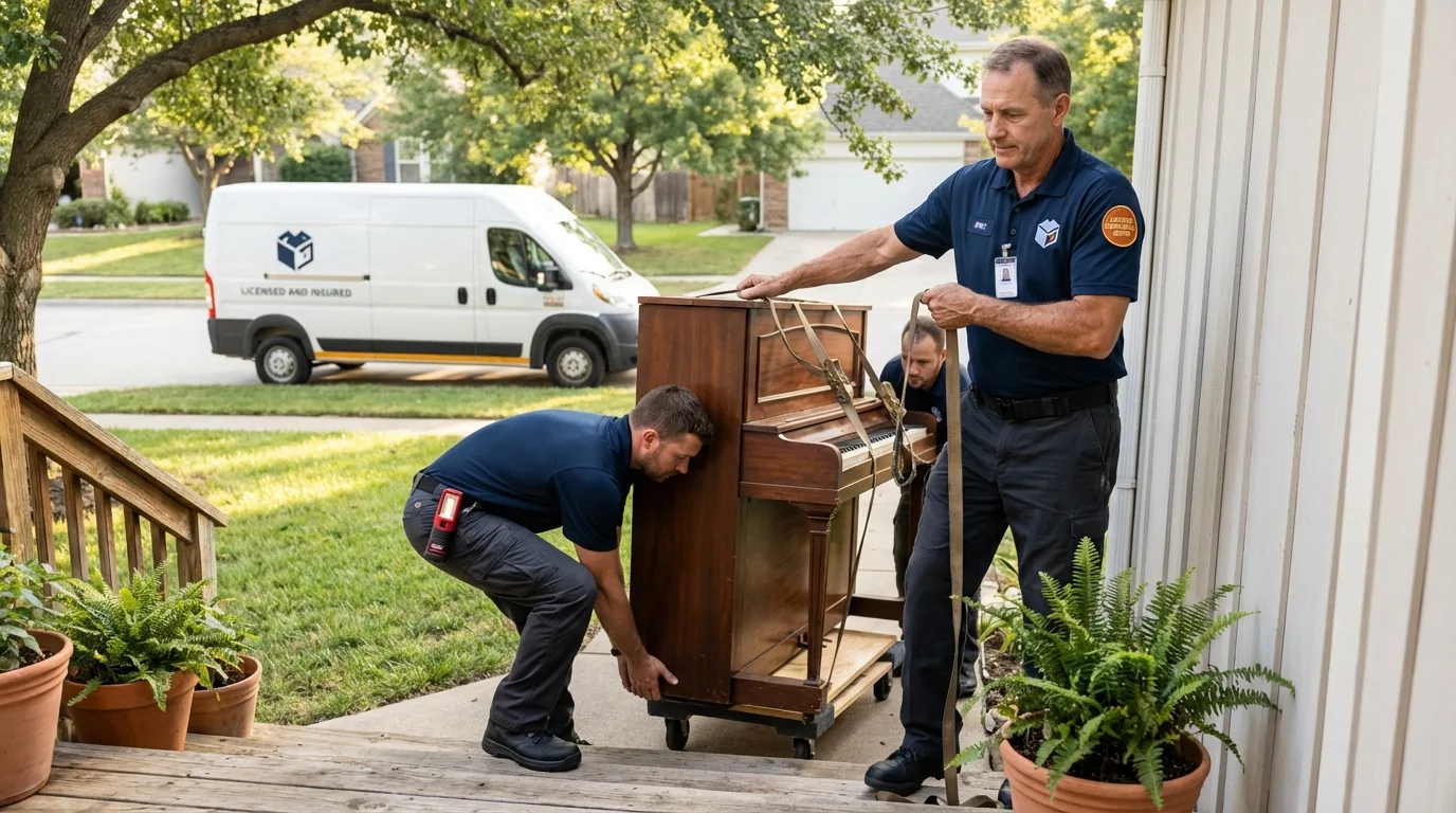 Licensed piano movers securing grand piano in Breese, IL