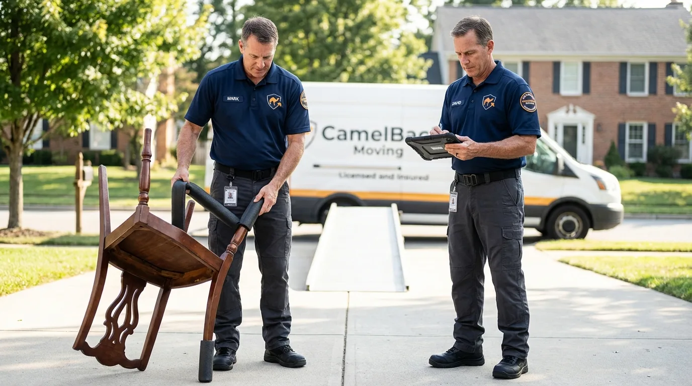 Movers inspecting furniture for damage prevention before loading in Breese, IL