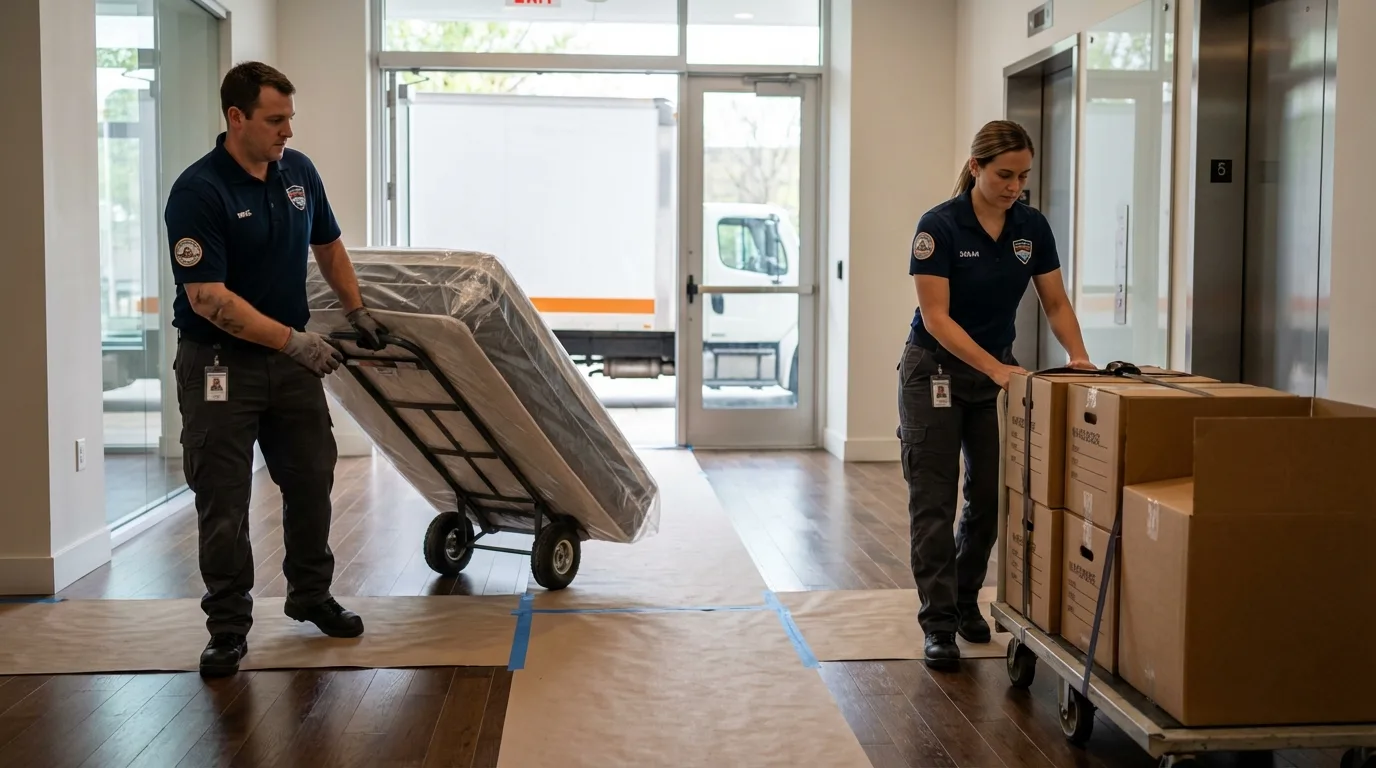 Professional apartment movers loading elevator in Breese, IL