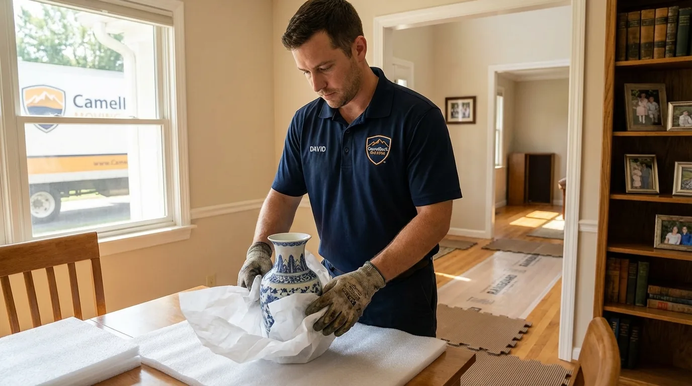 Professional crew carefully wrapping antique vase for senior downsizing move in Breese, IL